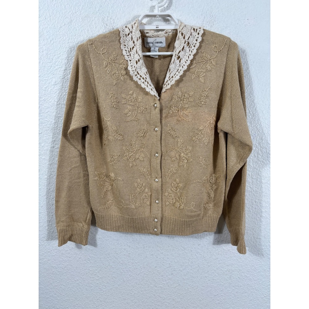 Casual Corner Cardigan Sweater Womens Medium Tan Silk Lace Cottagecore